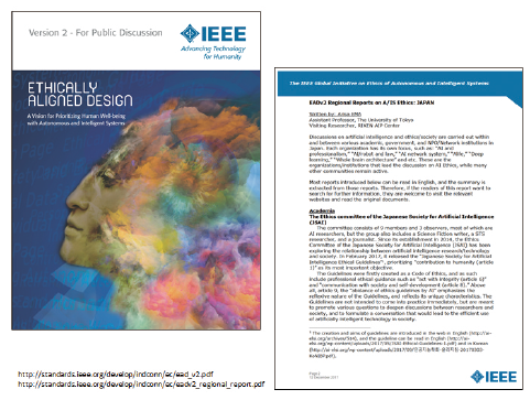 図表　IEEE（米国電気電子技術者協会）「倫理的に調和された設計」レポートIEEE（米国電気電子技術者協会）は「倫理的に調和された設計」と題するレポートを 200人以上の異業種・異分野の専門家と協働で執筆し、議論や提言を行っている。各国の取組紹介の中で、日本の紹介を江間が行っている。出典：参考文献2）と3）