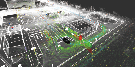 3次元地図とレーザースキャナを用いた「オートウェア」による一推定及び物体検出の様子 出典：加藤氏御提供資料